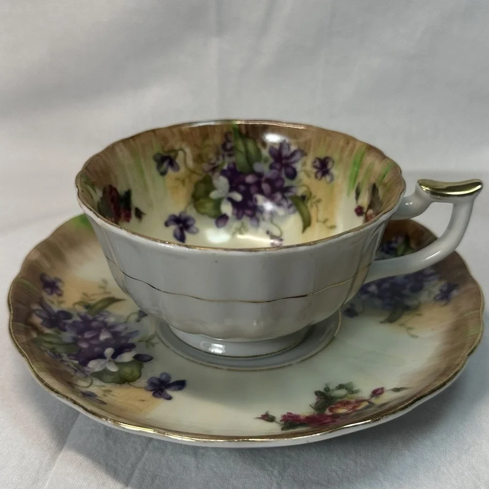 Antique‎ Victorian Tea Cup Saucer Hand Painted Violets Roses Apricot ombré Gilt